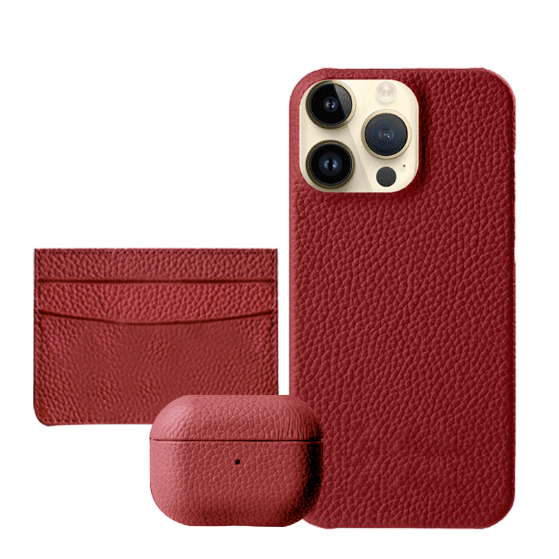 Gift Set Leather Case iPhone 14 Pro- Airpod 3 - Wallet - RED