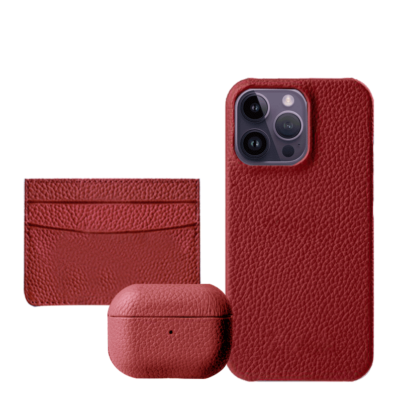 Gift Set Leather Case iPhone 14 Pro- Airpod Pro - Wallet - RED