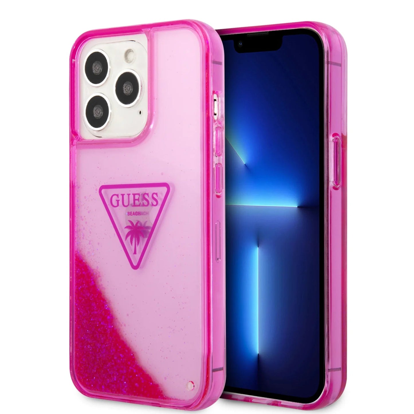 Guess Apple iPhone 14 Pro Max Liquid Glitter Case With Translucent Triangle Logo - Pink