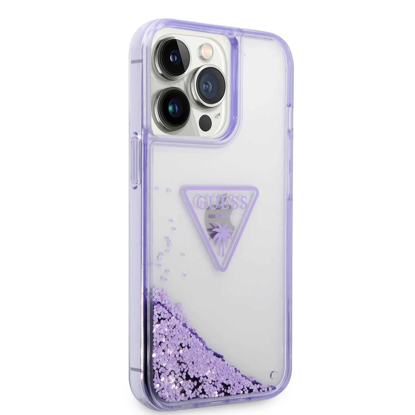 Guess Apple iPhone 14 Pro Max Liquid Glitter Case With Translucent Triangle Logo - Purple