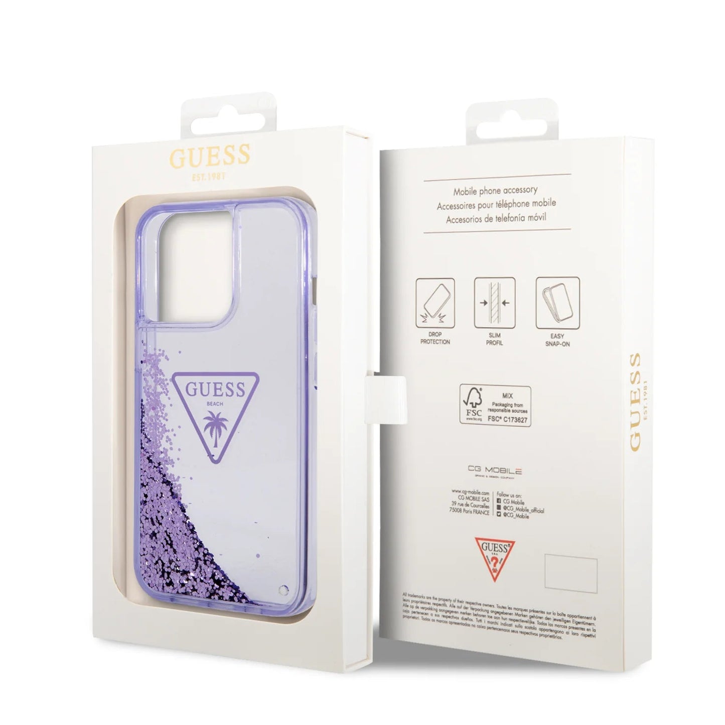 Guess Apple iPhone 14 Pro Max Liquid Glitter Case With Translucent Triangle Logo - Purple