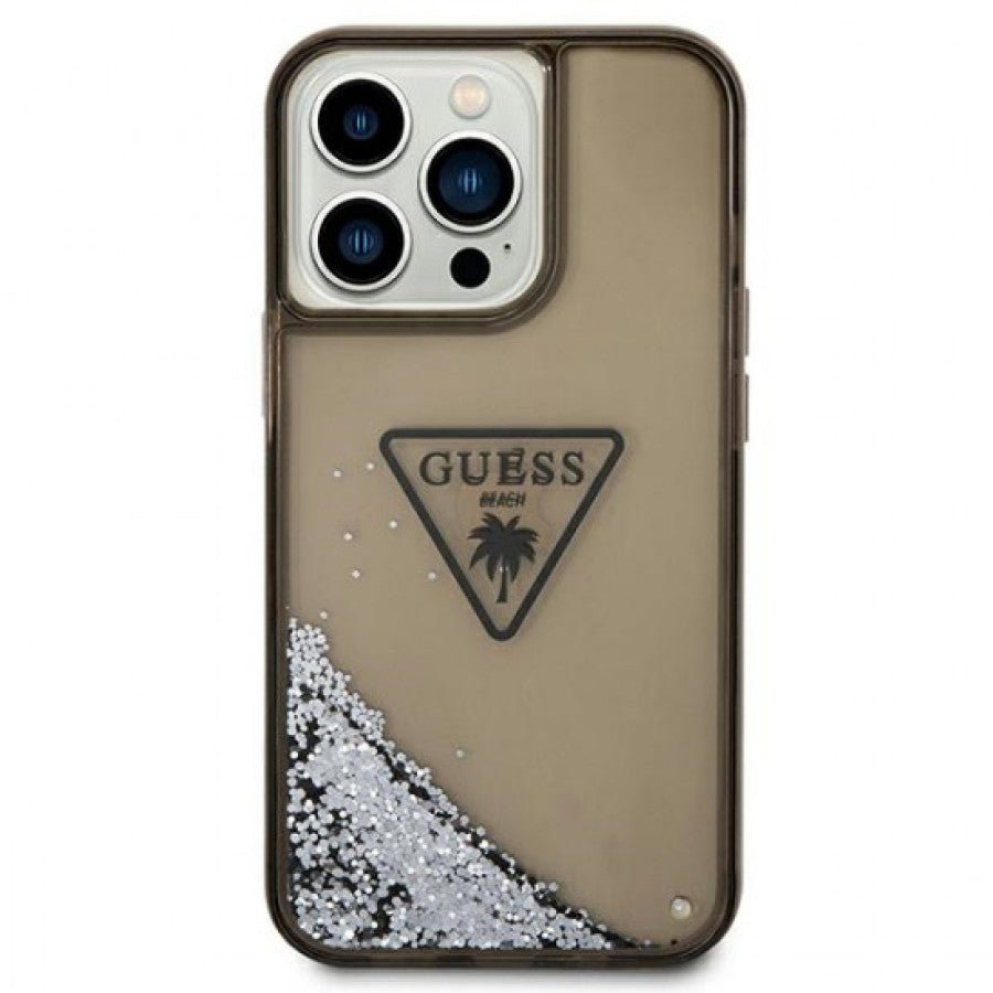 Guess Apple iPhone 14 Pro Max Liquid Glitter Case With Translucent Triangle Logo - Smoke Transparent