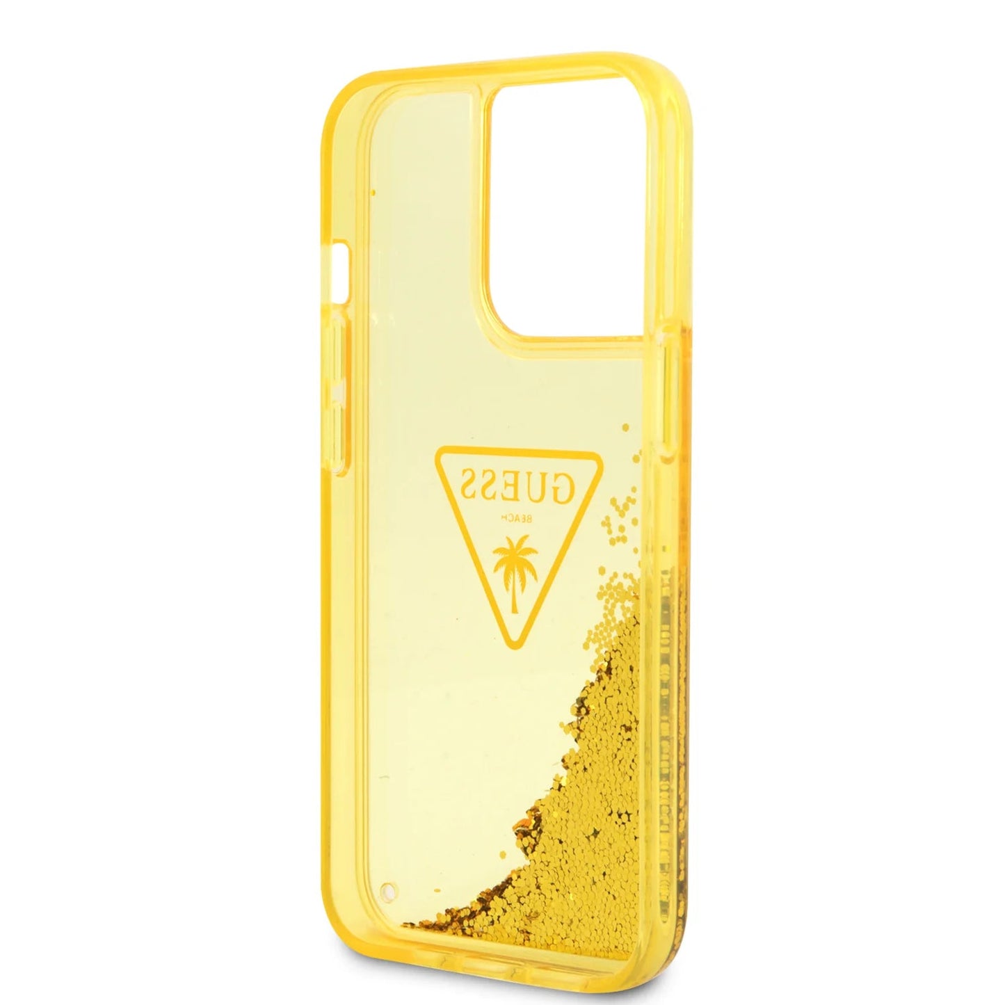 Guess Apple iPhone 14 Pro Max Liquid Glitter Case With Translucent Triangle Logo - Yellow