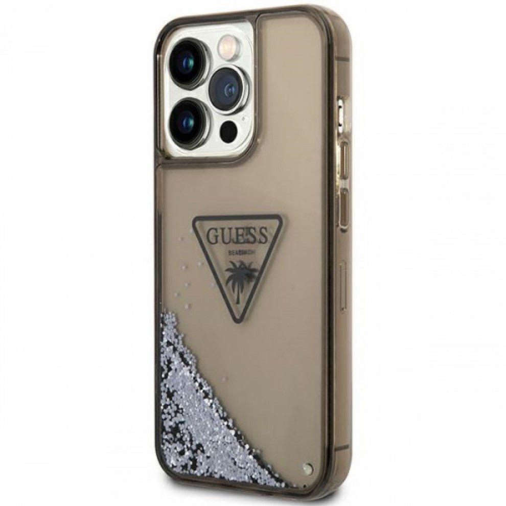 Guess Apple iPhone 14 Pro Liquid Glitter Case With Translucent Triangle Logo - Smoke Transparent