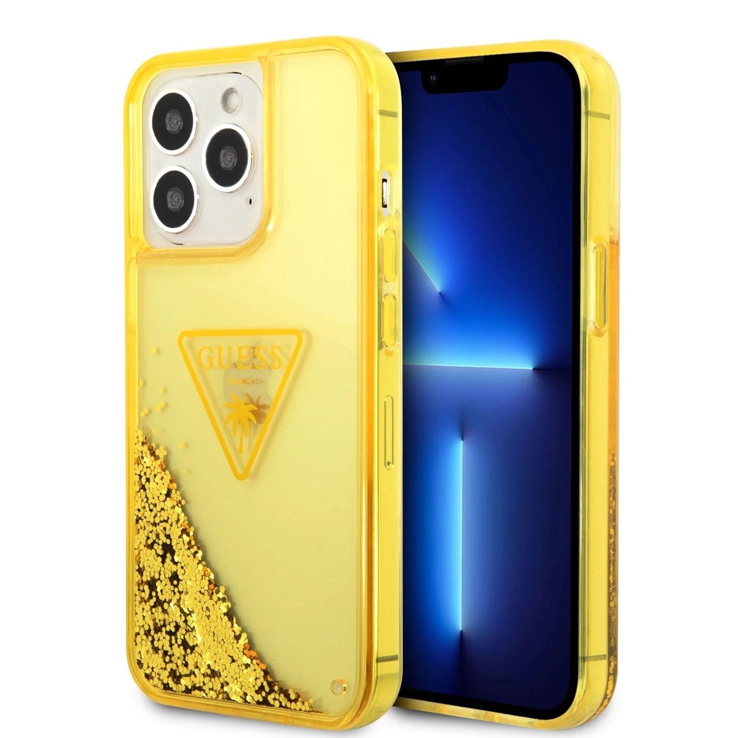 Guess Apple iPhone 14 Pro Liquid Glitter Case With Translucent Triangle Logo - Yellow