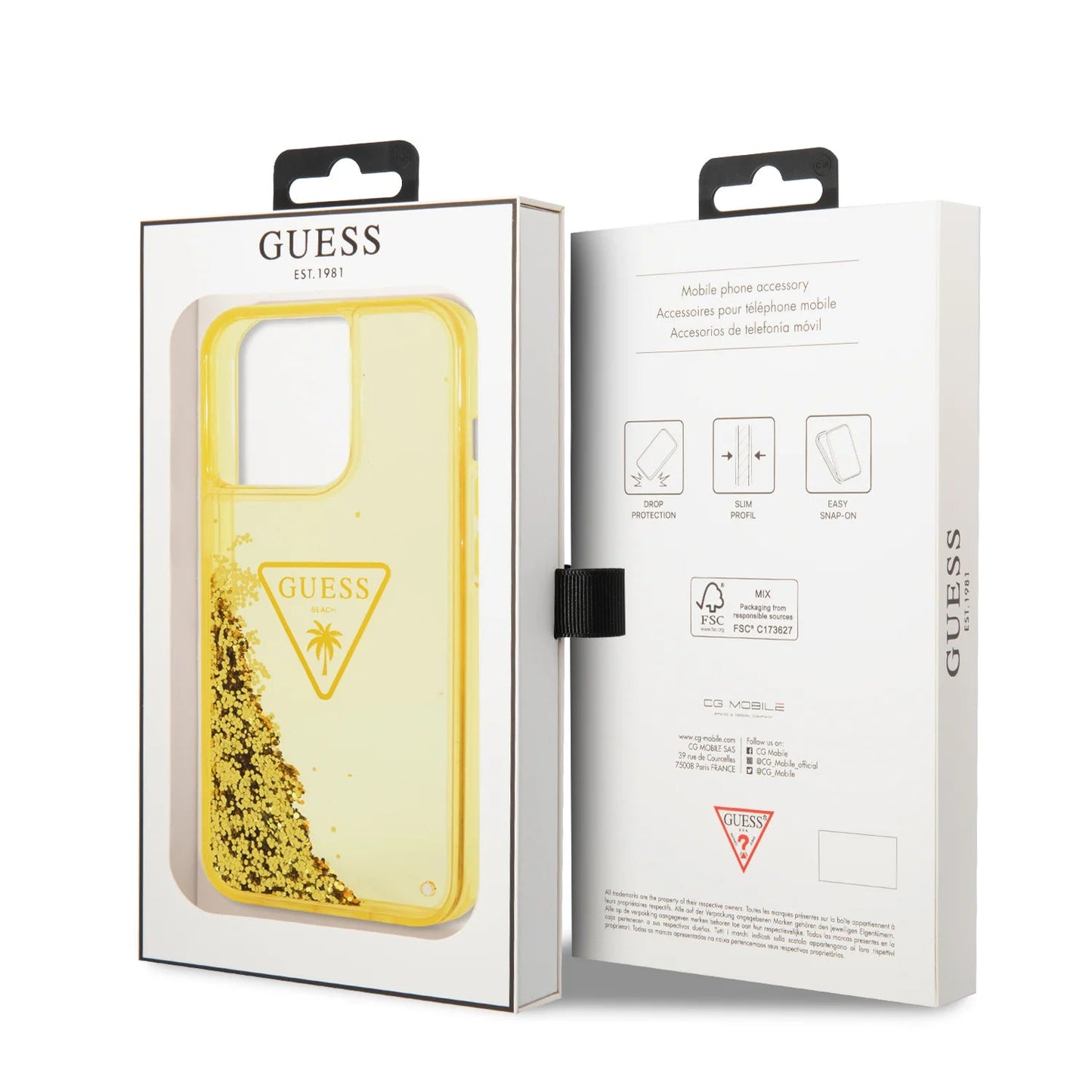 Guess Apple iPhone 14 Pro Liquid Glitter Case With Translucent Triangle Logo - Yellow