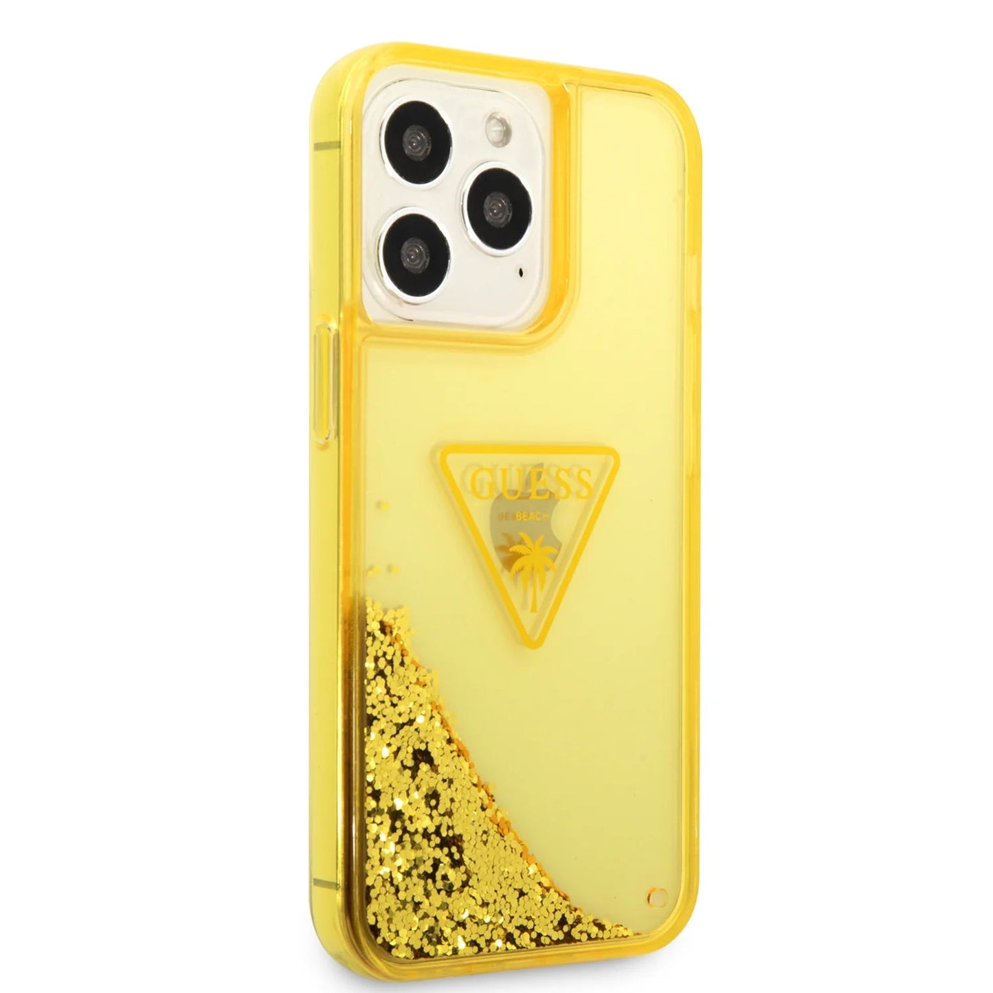 Guess Apple iPhone 14 Pro Liquid Glitter Case With Translucent Triangle Logo - Yellow