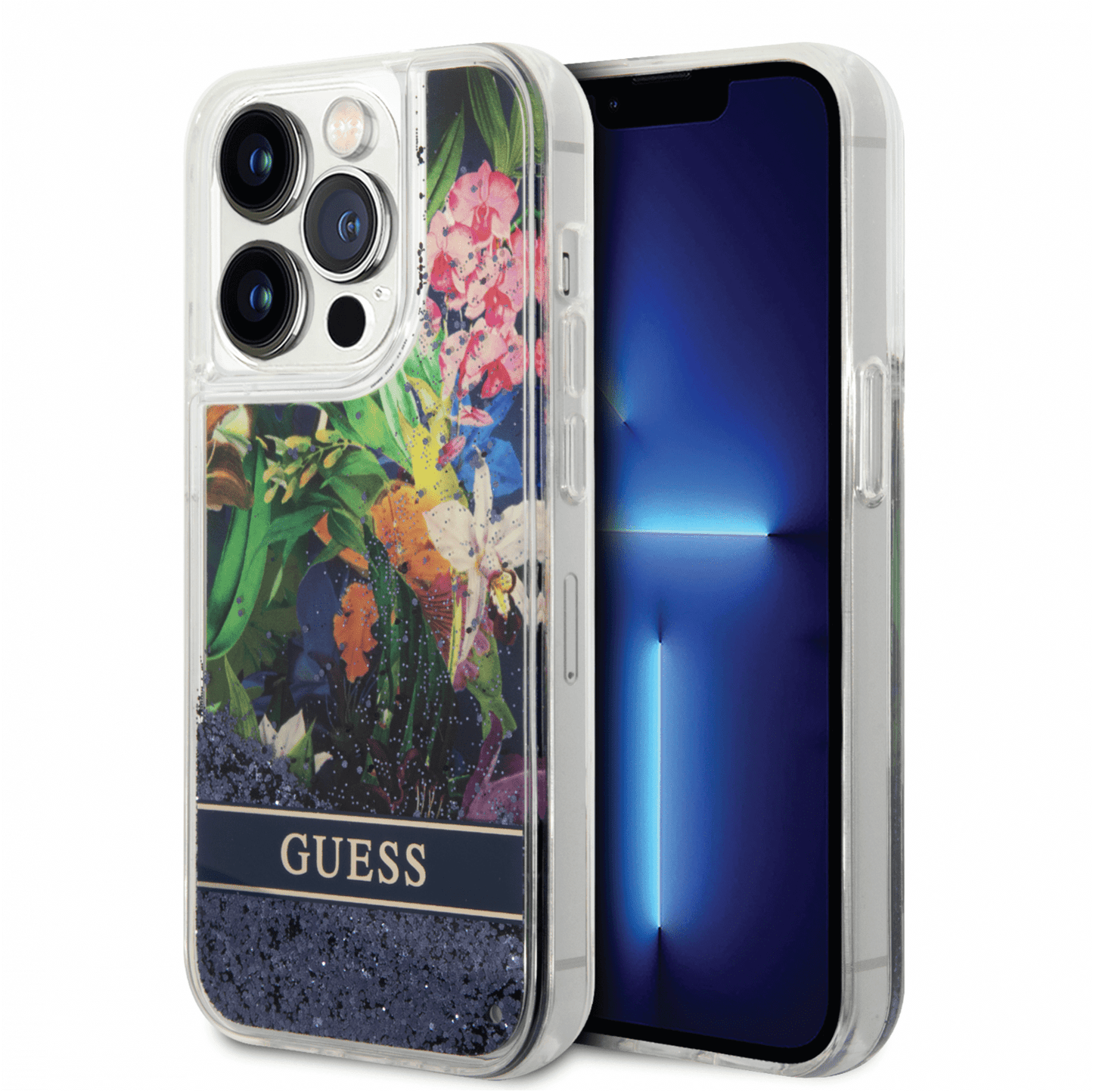 Guess Apple iPhone 14 Pro Liquid Glitter Flower Case - Blue