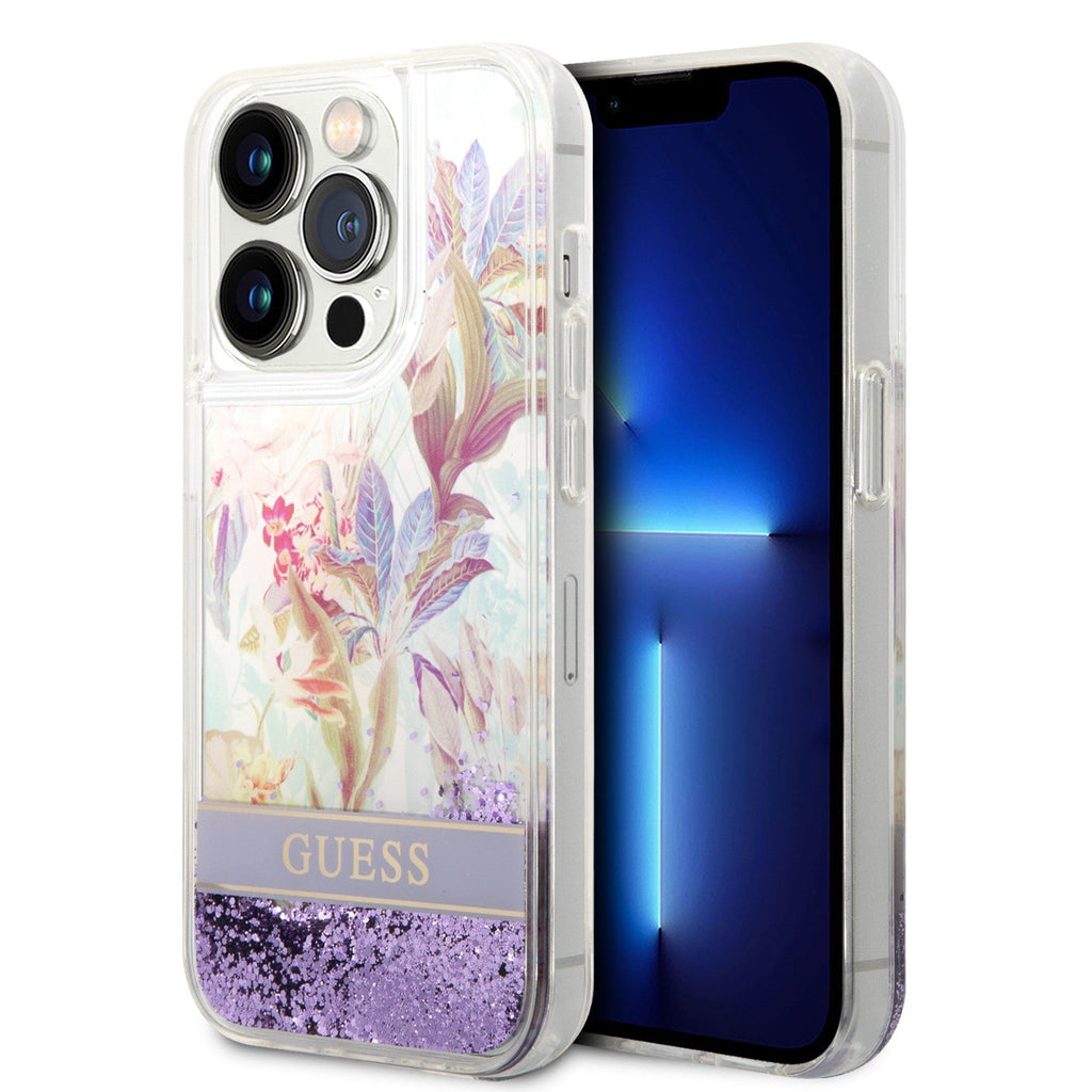 Guess Apple iPhone 14 Pro Max Liquid Glitter Flower Case - Purple