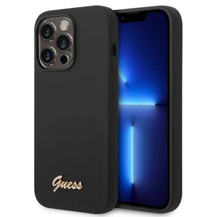 Guess Apple iPhone 14 Pro Liquid Silicone Case with PC Camera Outline & Script Metal Logo - Black