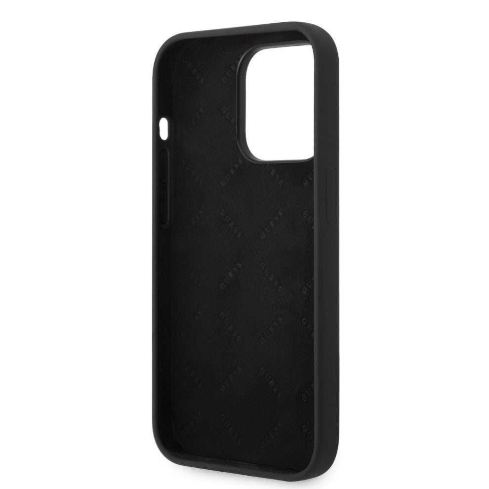 Guess Apple iPhone 14 Pro Liquid Silicone Case with PC Camera Outline & Script Metal Logo - Black