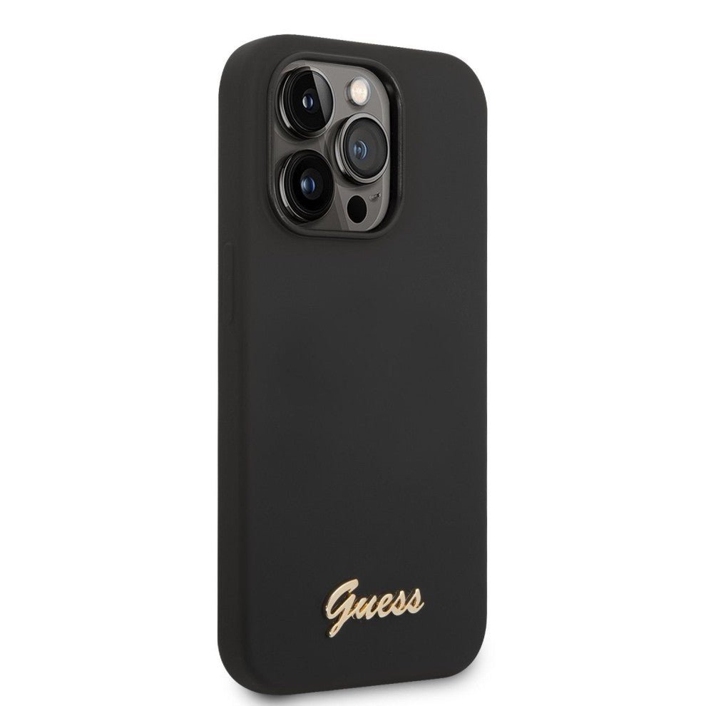 Guess Apple iPhone 14 Pro Liquid Silicone Case with PC Camera Outline & Script Metal Logo - Black