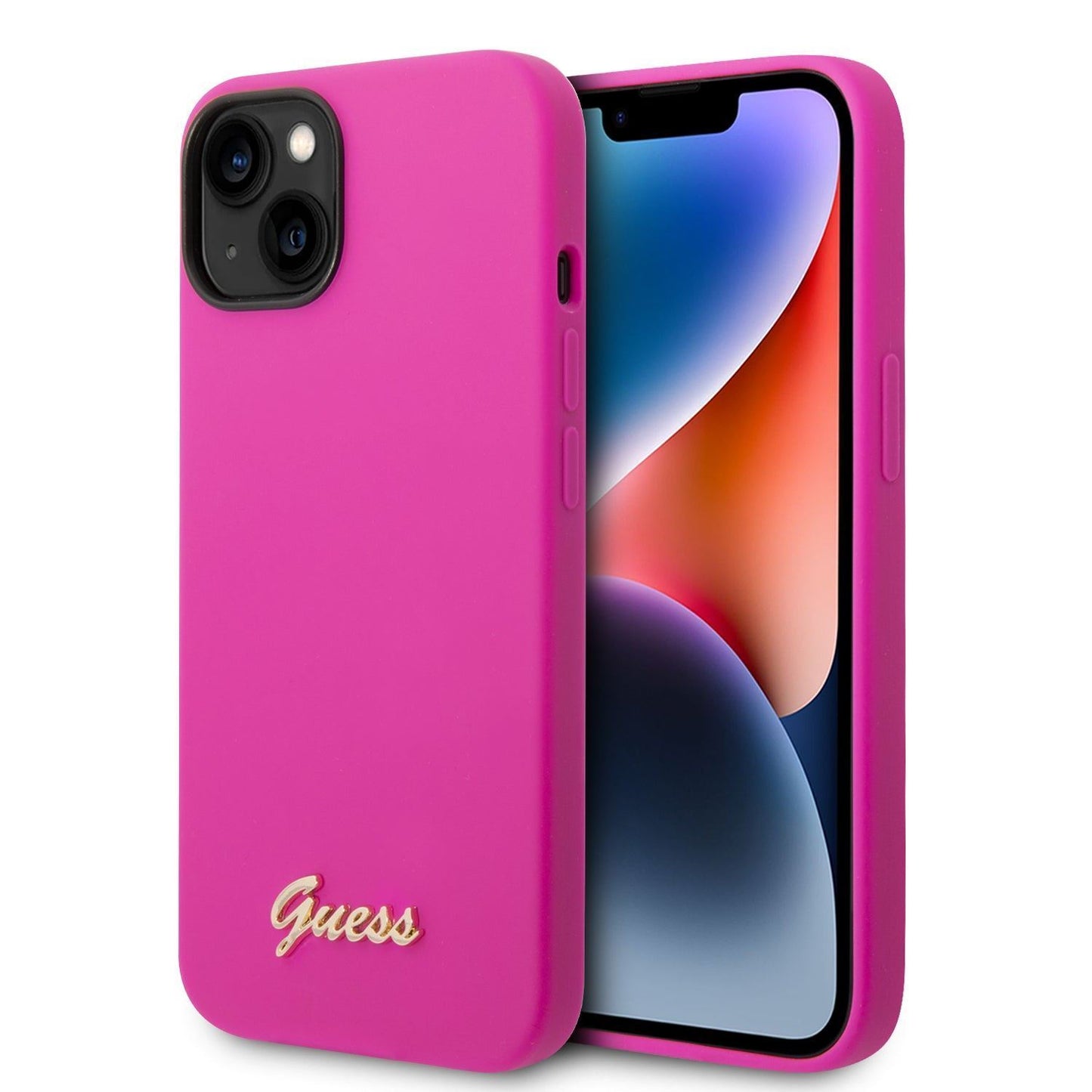 Guess Apple iPhone 14 Pro Liquid Silicone Case with PC Camera Outline & Script Metal Logo - Fuschia