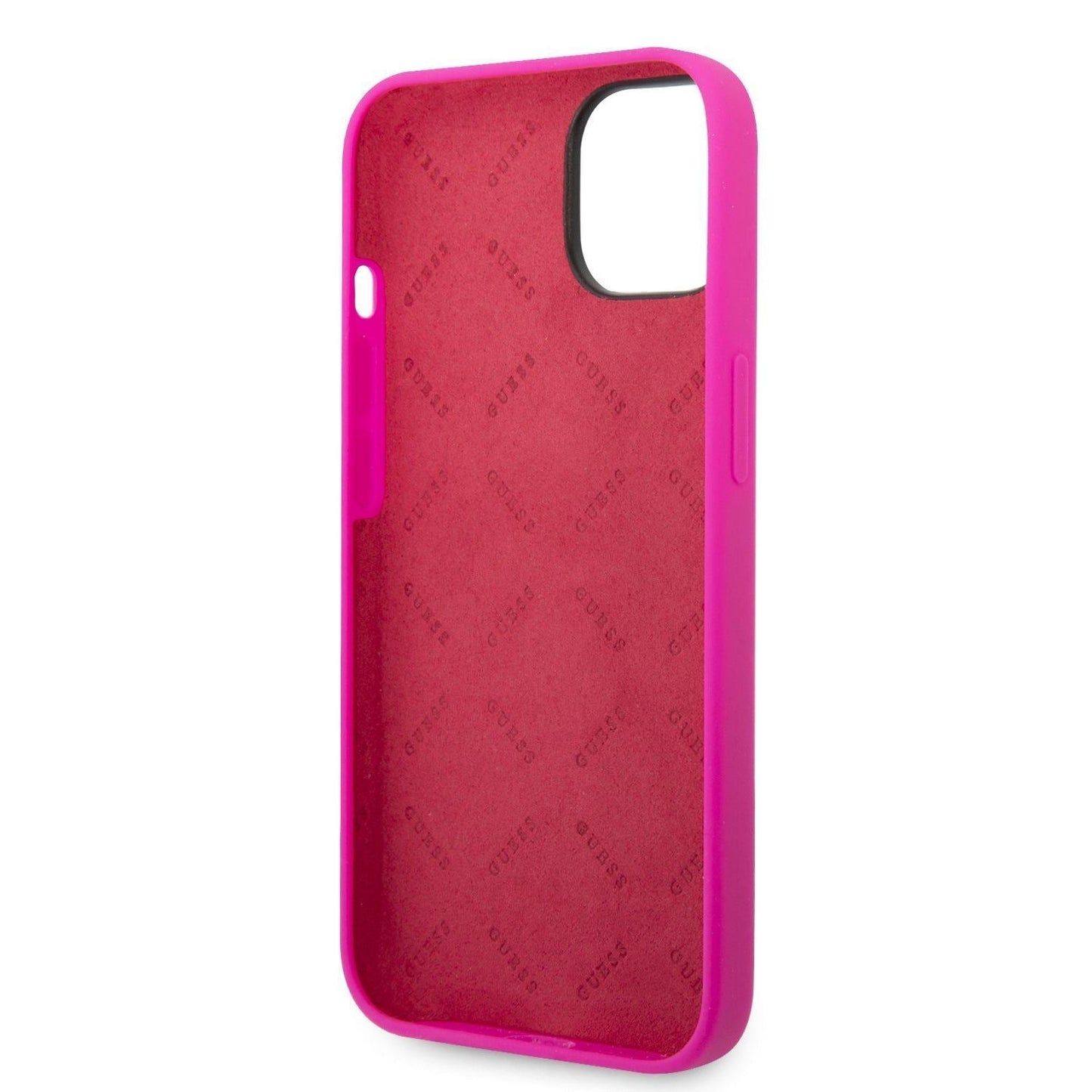 Guess Apple iPhone 14 Pro Liquid Silicone Case with PC Camera Outline & Script Metal Logo - Fuschia