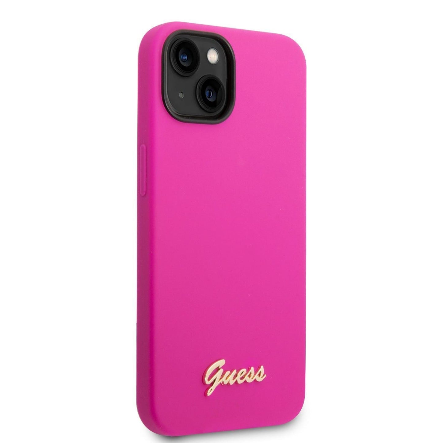 Guess Apple iPhone 14 Pro Liquid Silicone Case with PC Camera Outline & Script Metal Logo - Fuschia