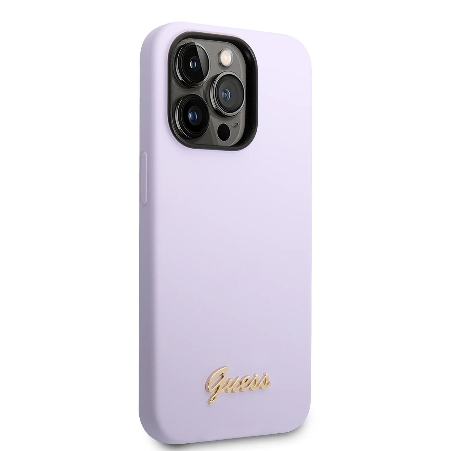 Guess Apple iPhone 14 Pro Max Liquid Silicone Case with PC Camera Outline & Script Metal Logo for - Purple