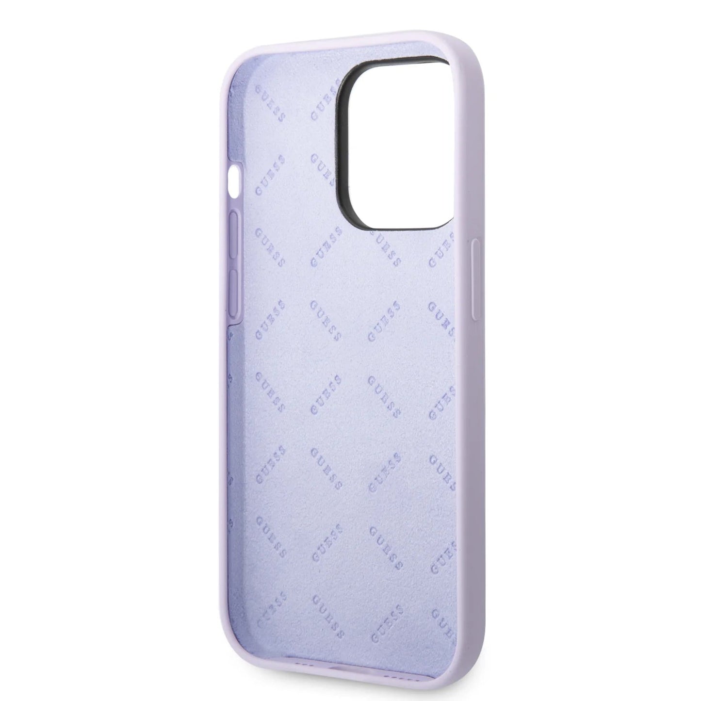 Guess Apple iPhone 14 Pro Liquid Silicone Case with PC Camera Outline & Script Metal Logo - Purple