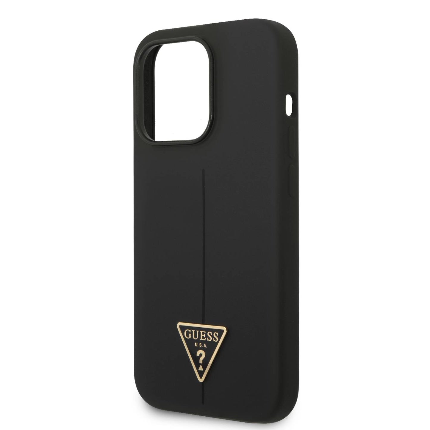 Guess Apple iPhone 14 Pro Liquid Silicone Case With Shiny Line & Metal Triangle Tone Logo- Black