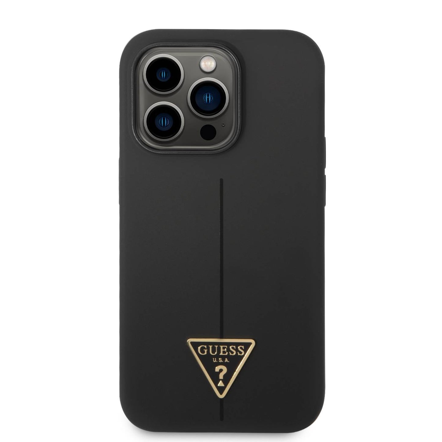 Guess Apple iPhone 14 Pro Liquid Silicone Case With Shiny Line & Metal Triangle Tone Logo- Black