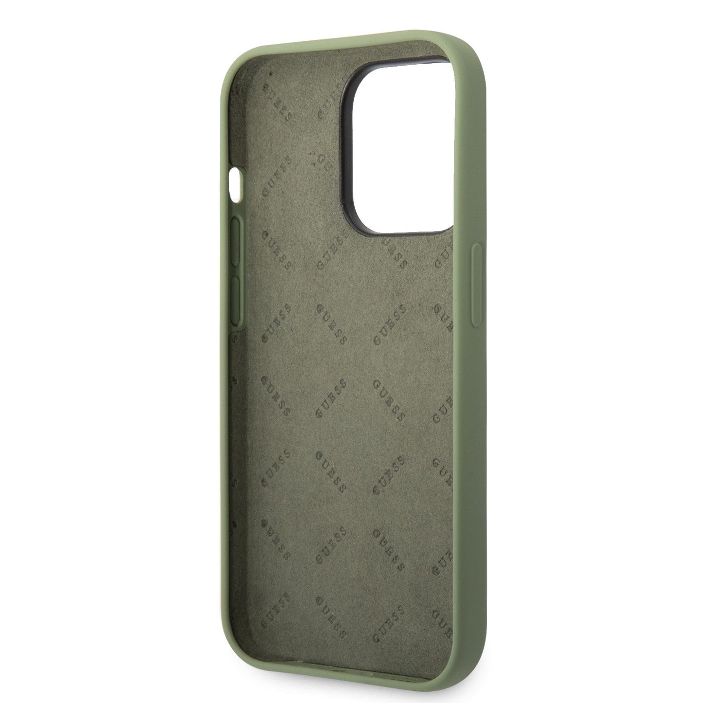 Guess Apple iPhone 14 Pro Liquid Silicone Case With Shiny Line & Metal Triangle Tone Logo - Green