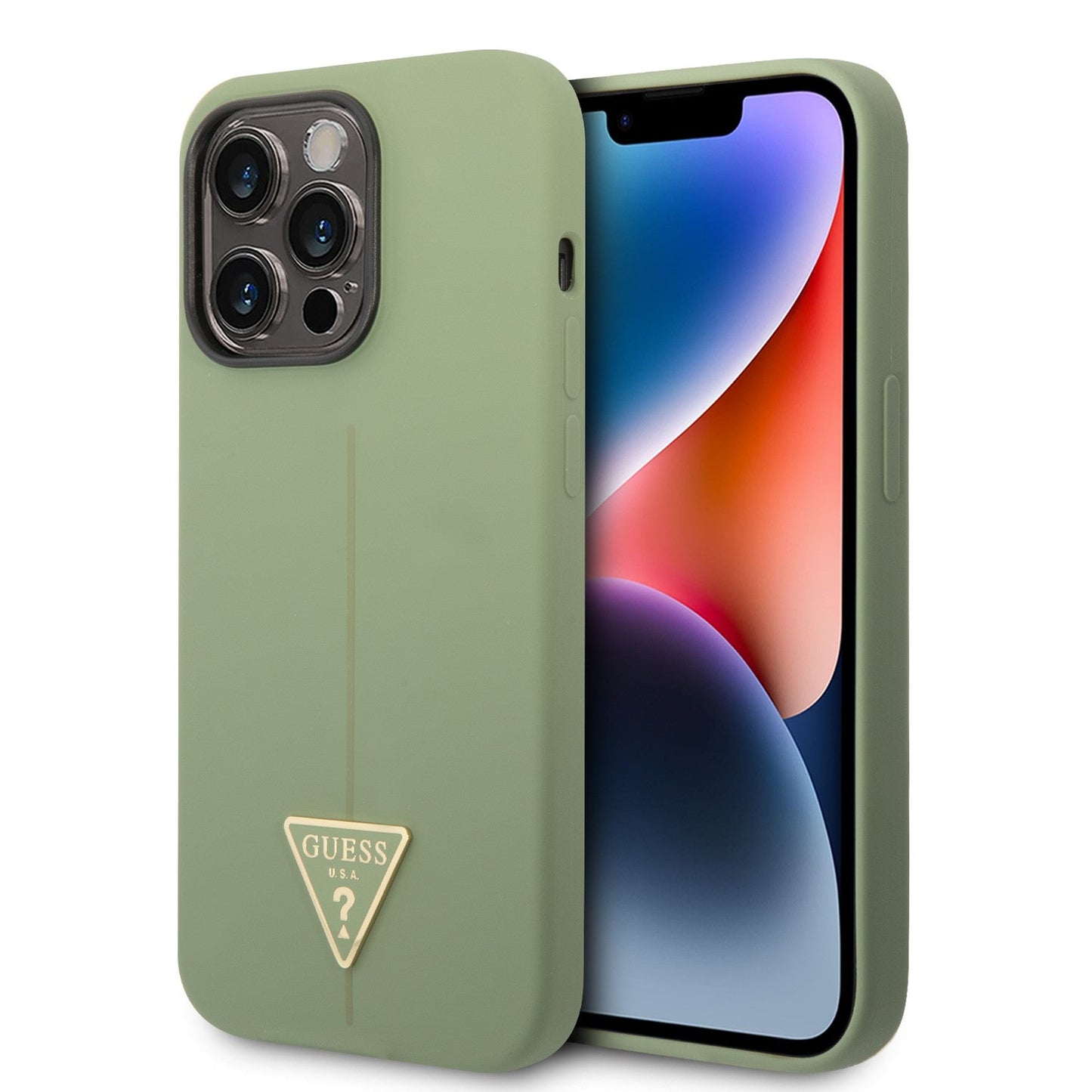 Guess Apple iPhone 14 Pro Liquid Silicone Case With Shiny Line & Metal Triangle Tone Logo - Green