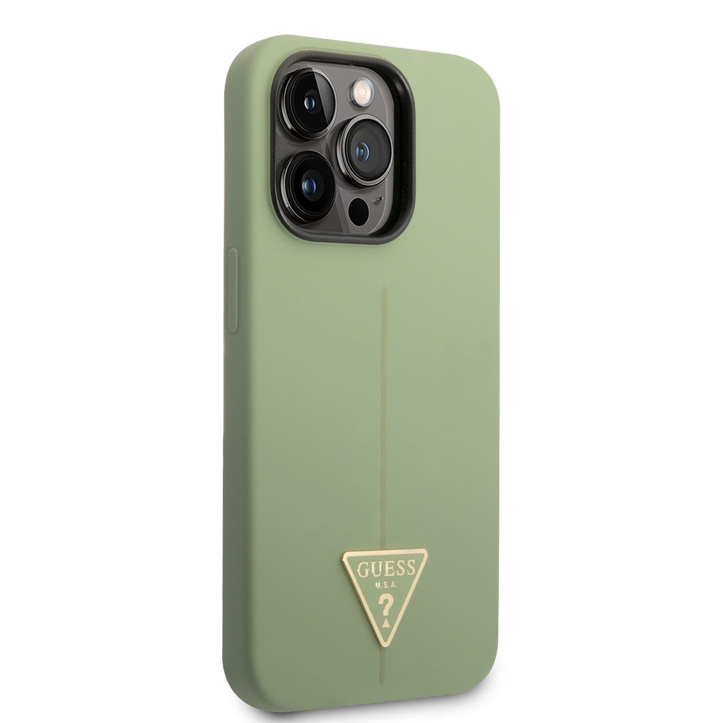 Guess Apple iPhone 14 Pro Liquid Silicone Case With Shiny Line & Metal Triangle Tone Logo - Green