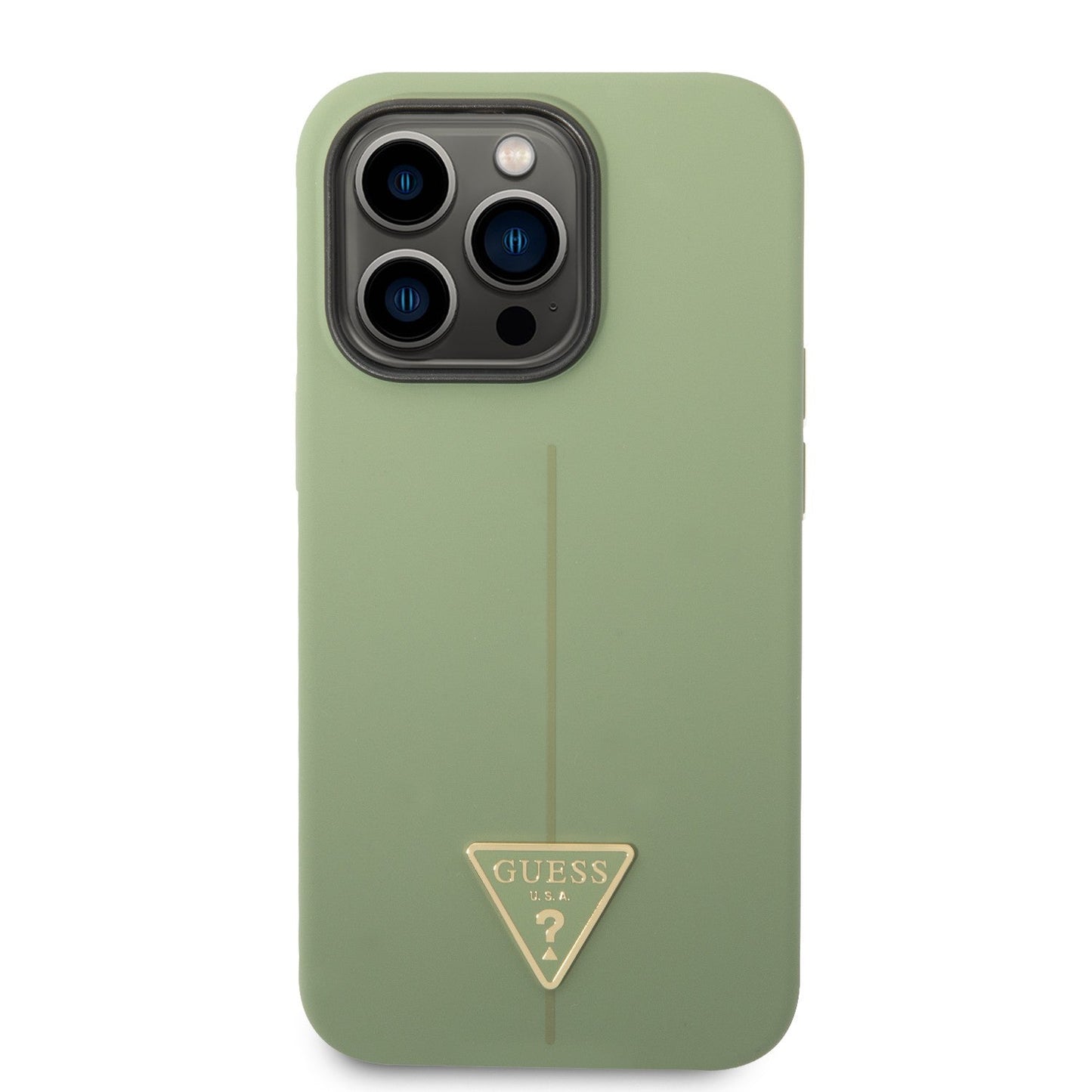 Guess Apple iPhone 14 Pro Max Liquid Silicone Case With Shiny Line & Metal Triangle Tone Logo - Green