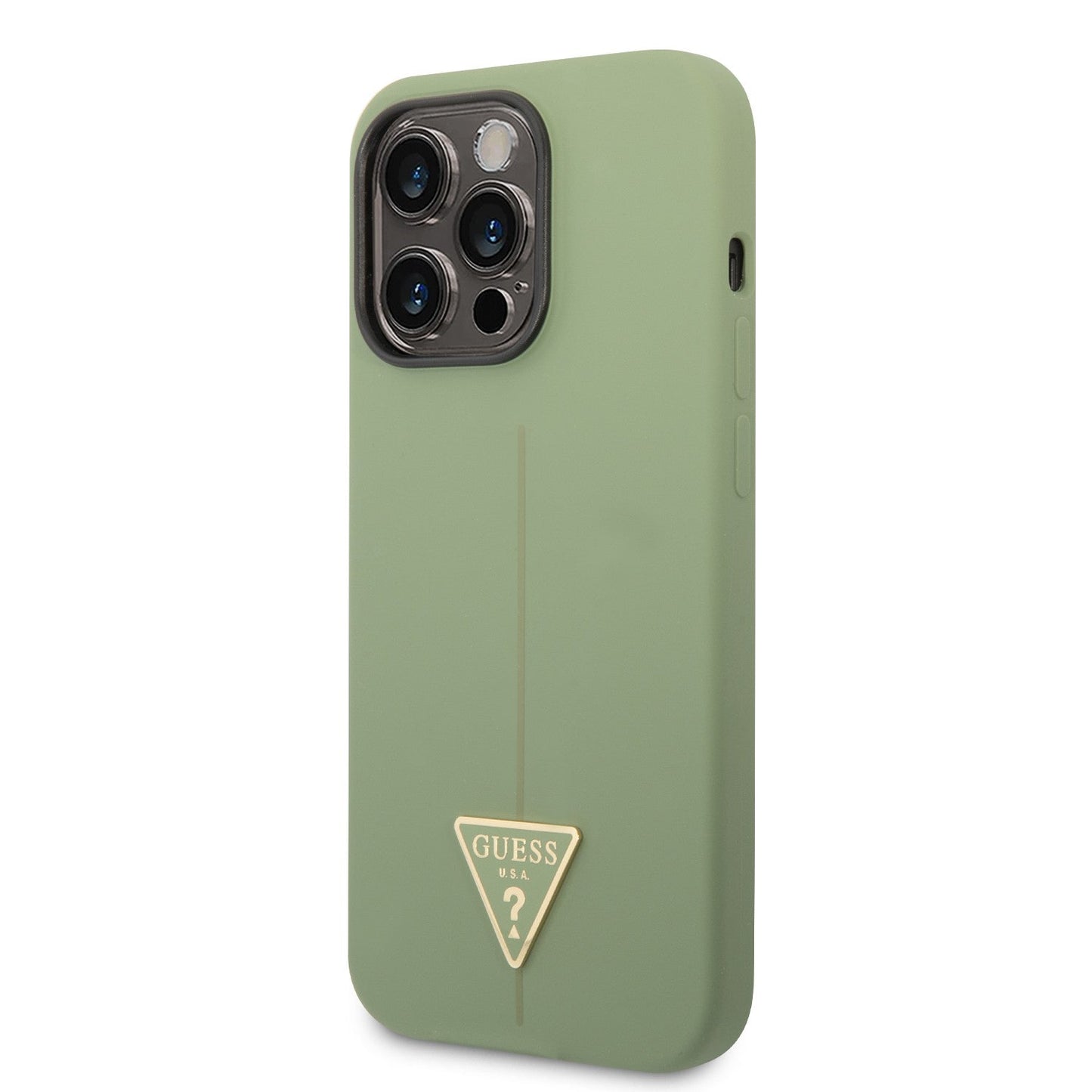 Guess Apple iPhone 14 Pro Max Liquid Silicone Case With Shiny Line & Metal Triangle Tone Logo - Green