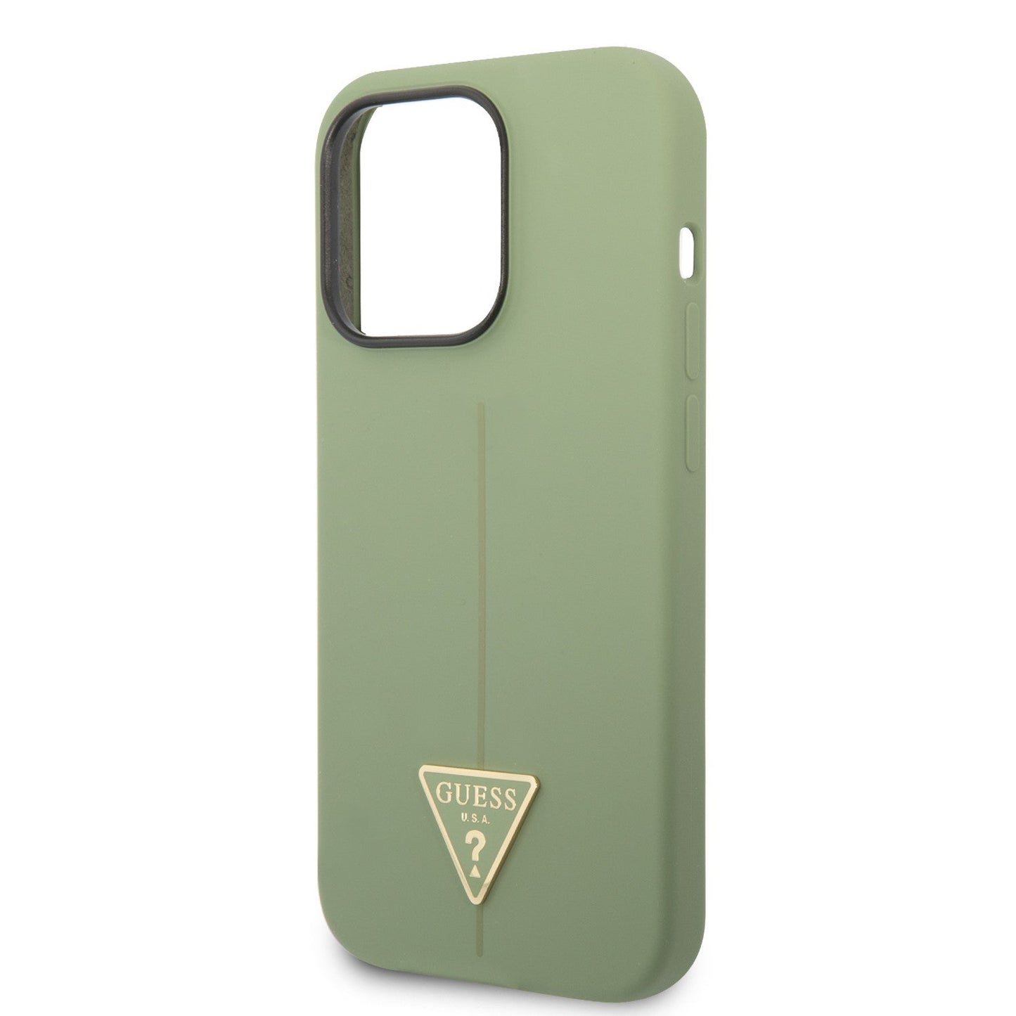 Guess Apple iPhone 14 Pro Max Liquid Silicone Case With Shiny Line & Metal Triangle Tone Logo - Green