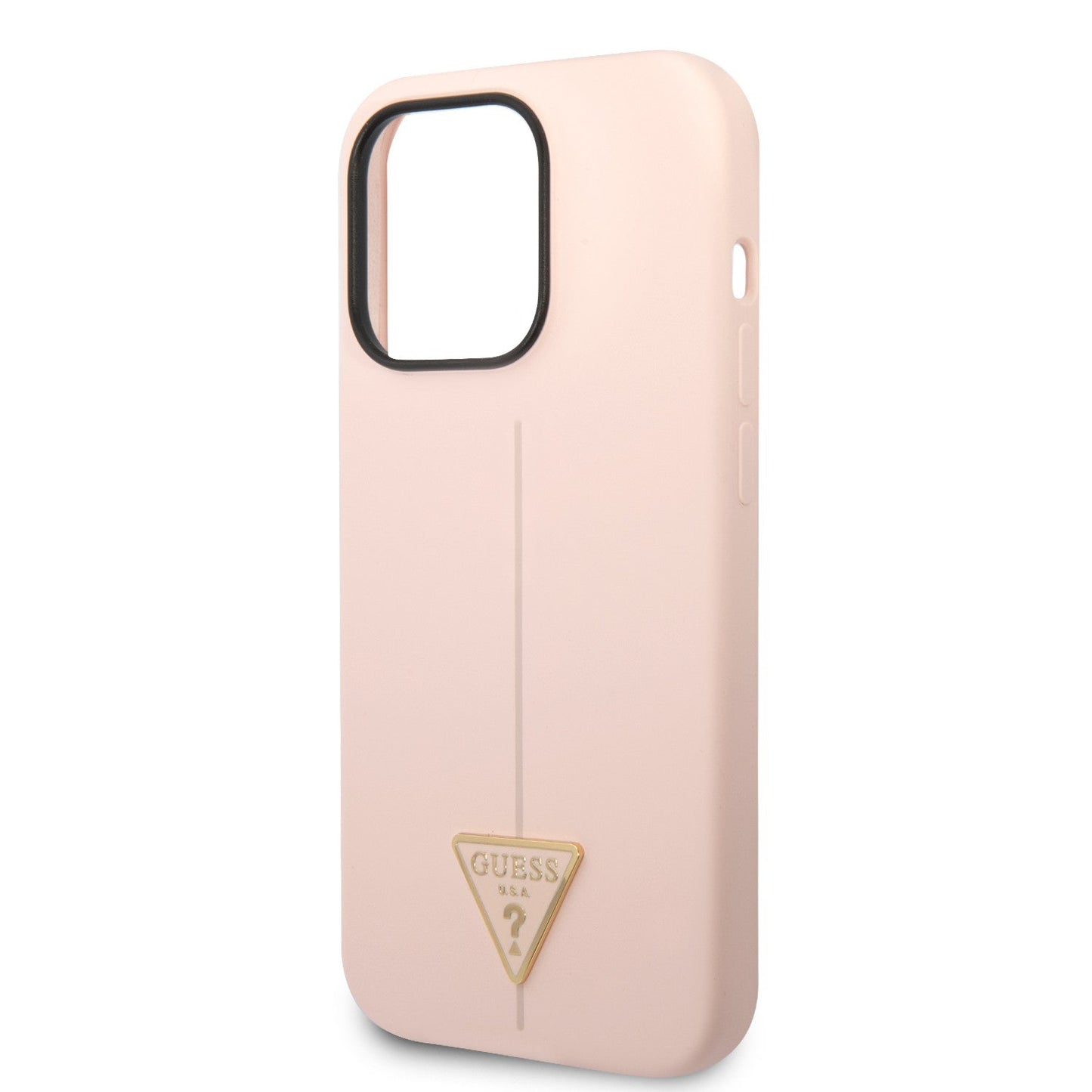 Guess Apple iPhone 14 Pro Max Liquid Silicone Case With Shiny Line & Metal Triangle Tone Logo - Pink