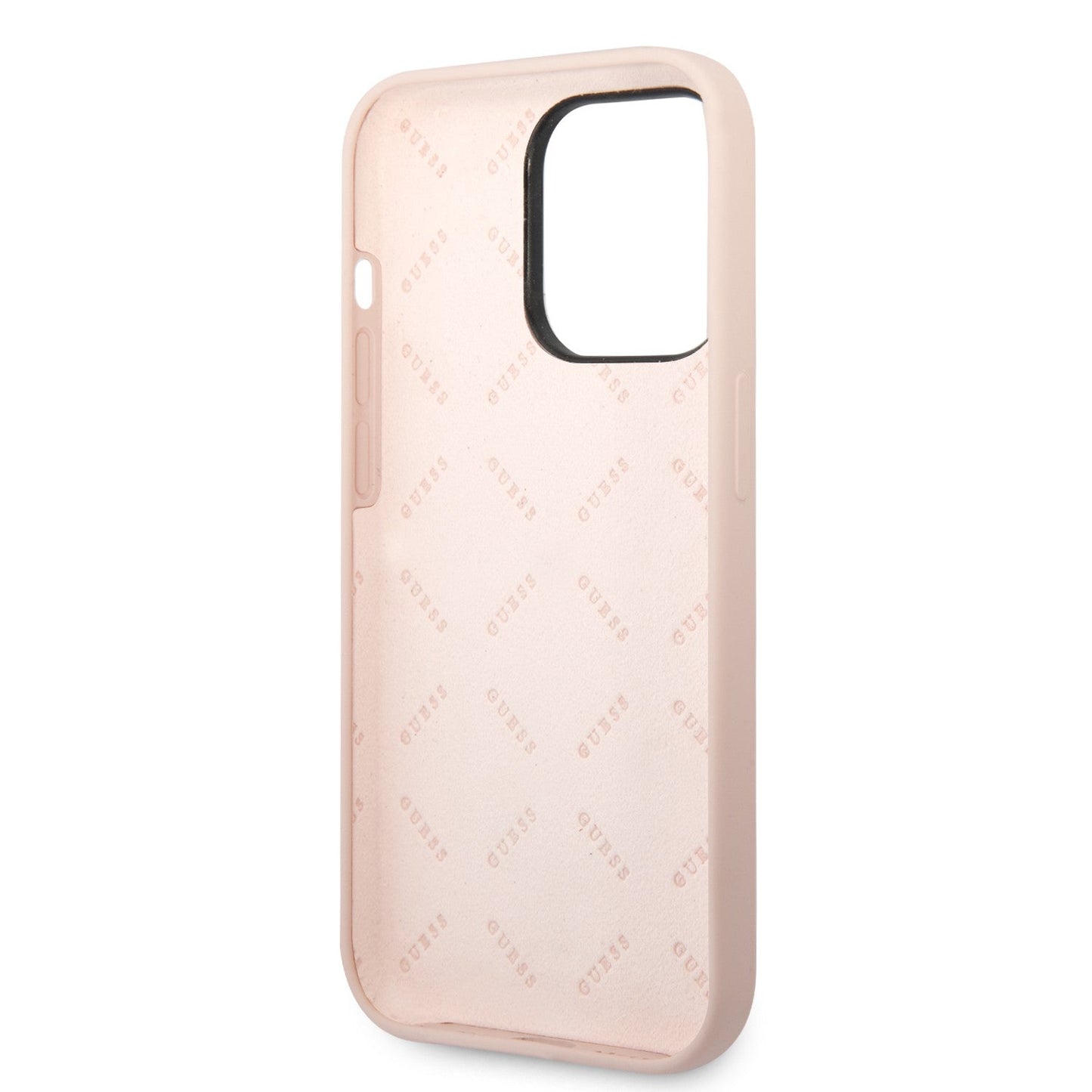 Guess Apple iPhone 14 Pro Max Liquid Silicone Case With Shiny Line & Metal Triangle Tone Logo - Pink