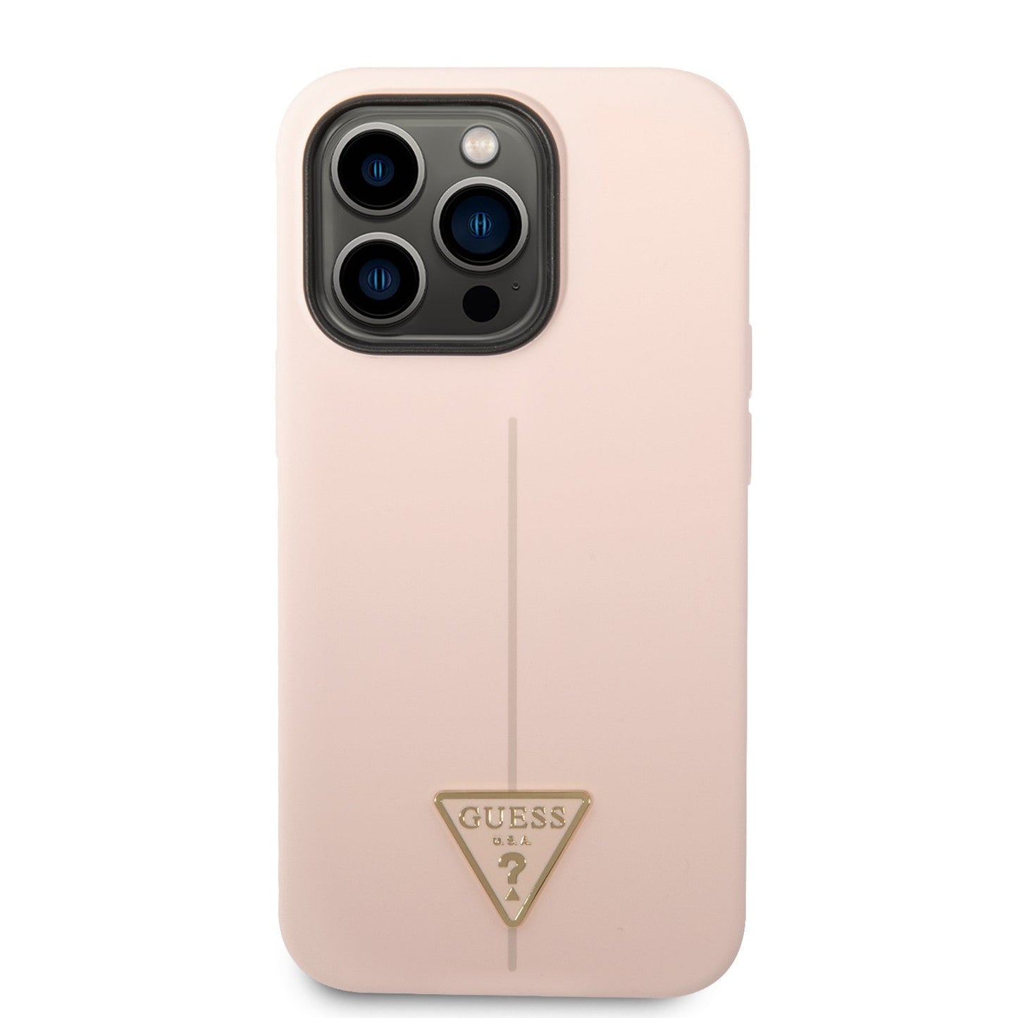 Guess Apple iPhone 14 Pro Max Liquid Silicone Case With Shiny Line & Metal Triangle Tone Logo - Pink