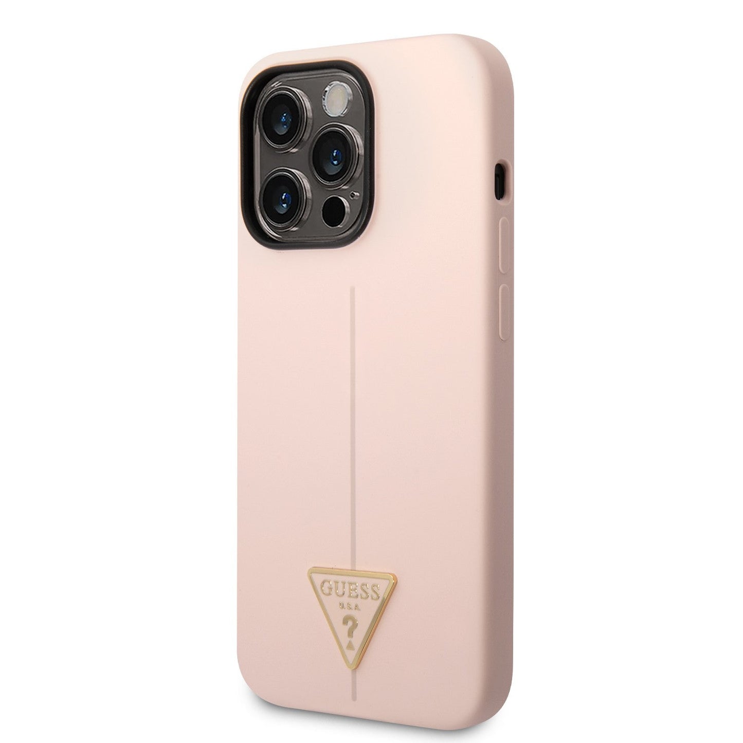 Guess Apple iPhone 14 Pro Liquid Silicone Case With Shiny Line & Metal Triangle Tone Logo - Pink