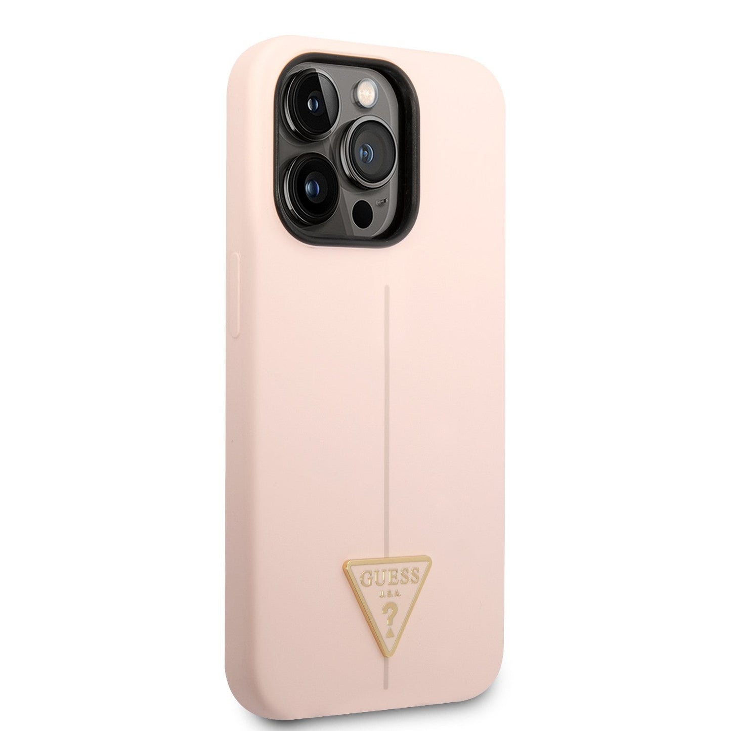 Guess Apple iPhone 14 Pro Liquid Silicone Case With Shiny Line & Metal Triangle Tone Logo - Pink