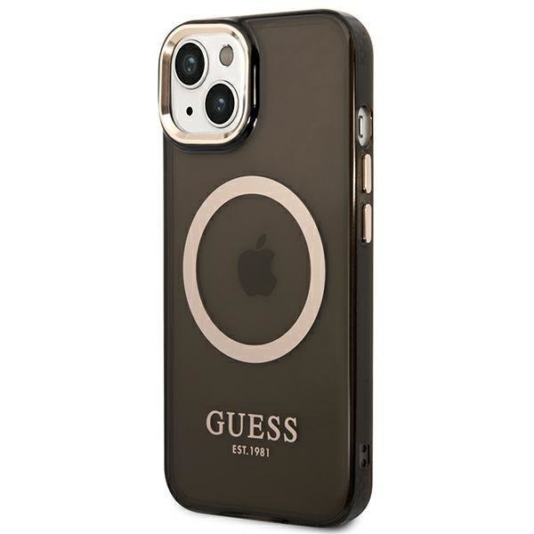 Guess Apple iPhone 14 Plus Magsafe Compatible Translucent Gold Outline & Logo - Black