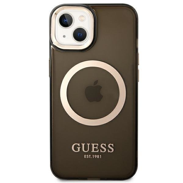 Guess Apple iPhone 14 Plus Magsafe Compatible Translucent Gold Outline & Logo - Black