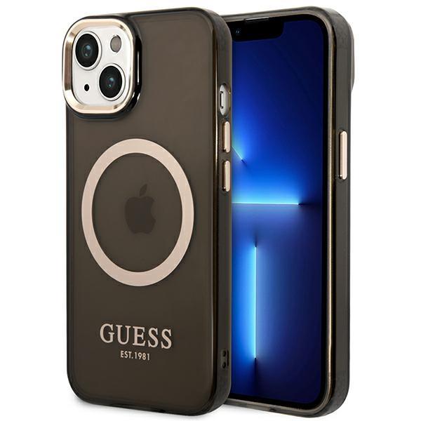 Guess Apple iPhone 14 Plus Magsafe Compatible Translucent Gold Outline & Logo - Black