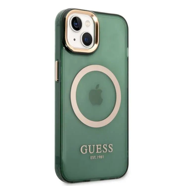 Guess Apple iPhone 14 Plus Magsafe Compatible Translucent Gold Outline & Logo - Green