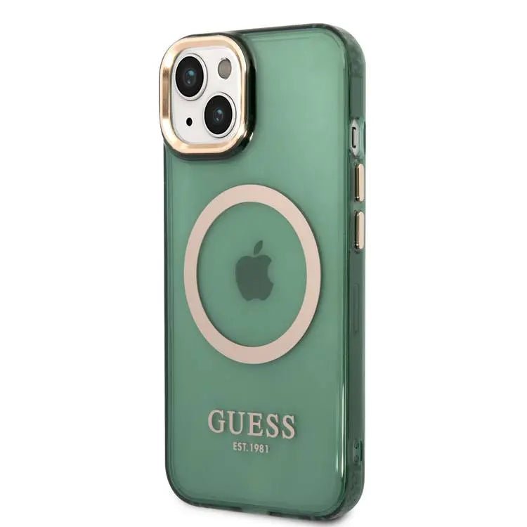 Guess Apple iPhone 14 Plus Magsafe Compatible Translucent Gold Outline & Logo - Green