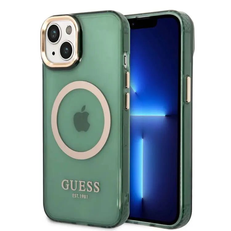 Guess Apple iPhone 14 Plus Magsafe Compatible Translucent Gold Outline & Logo - Green