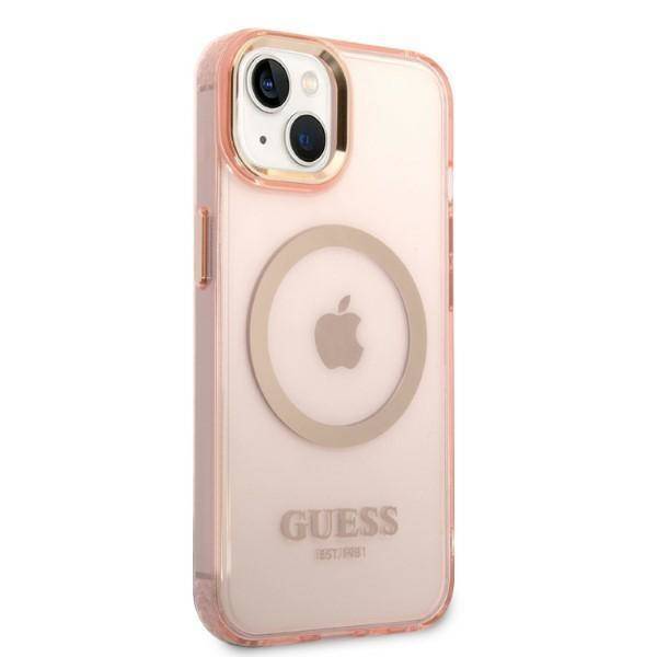 Guess Apple iPhone 14 Plus Magsafe Compatible Translucent Gold Outline & Logo - Pink