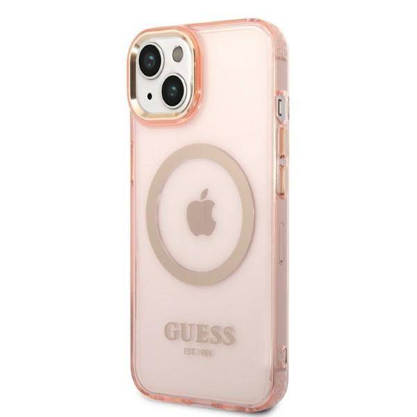 Guess Apple iPhone 14 Plus Magsafe Compatible Translucent Gold Outline & Logo - Pink