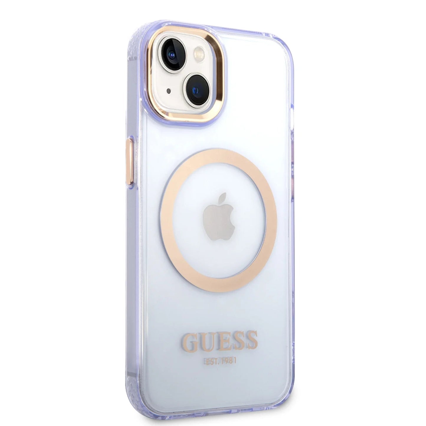 Guess Apple iPhone 14 Plus Magsafe Compatible Translucent Gold Outline & Logo - Purple