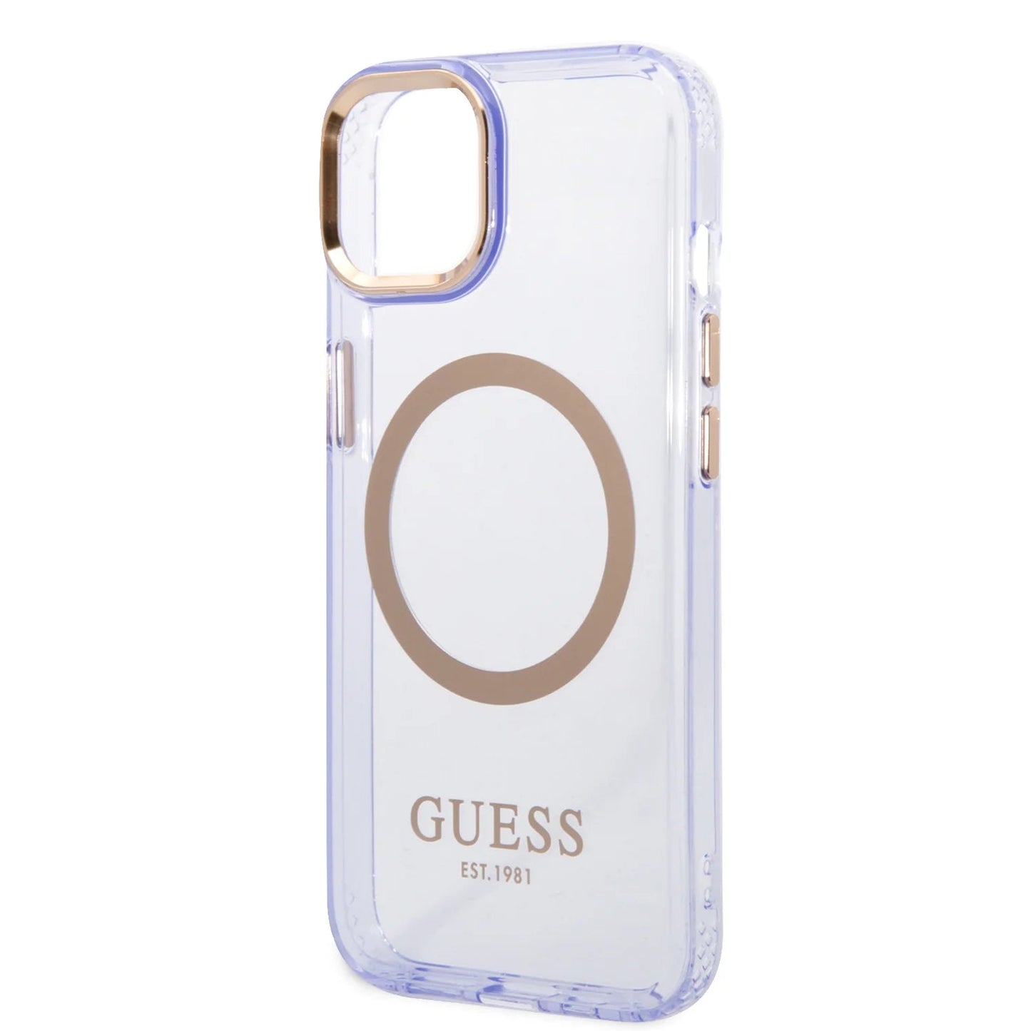 Guess Apple iPhone 14 Plus Magsafe Compatible Translucent Gold Outline & Logo - Purple