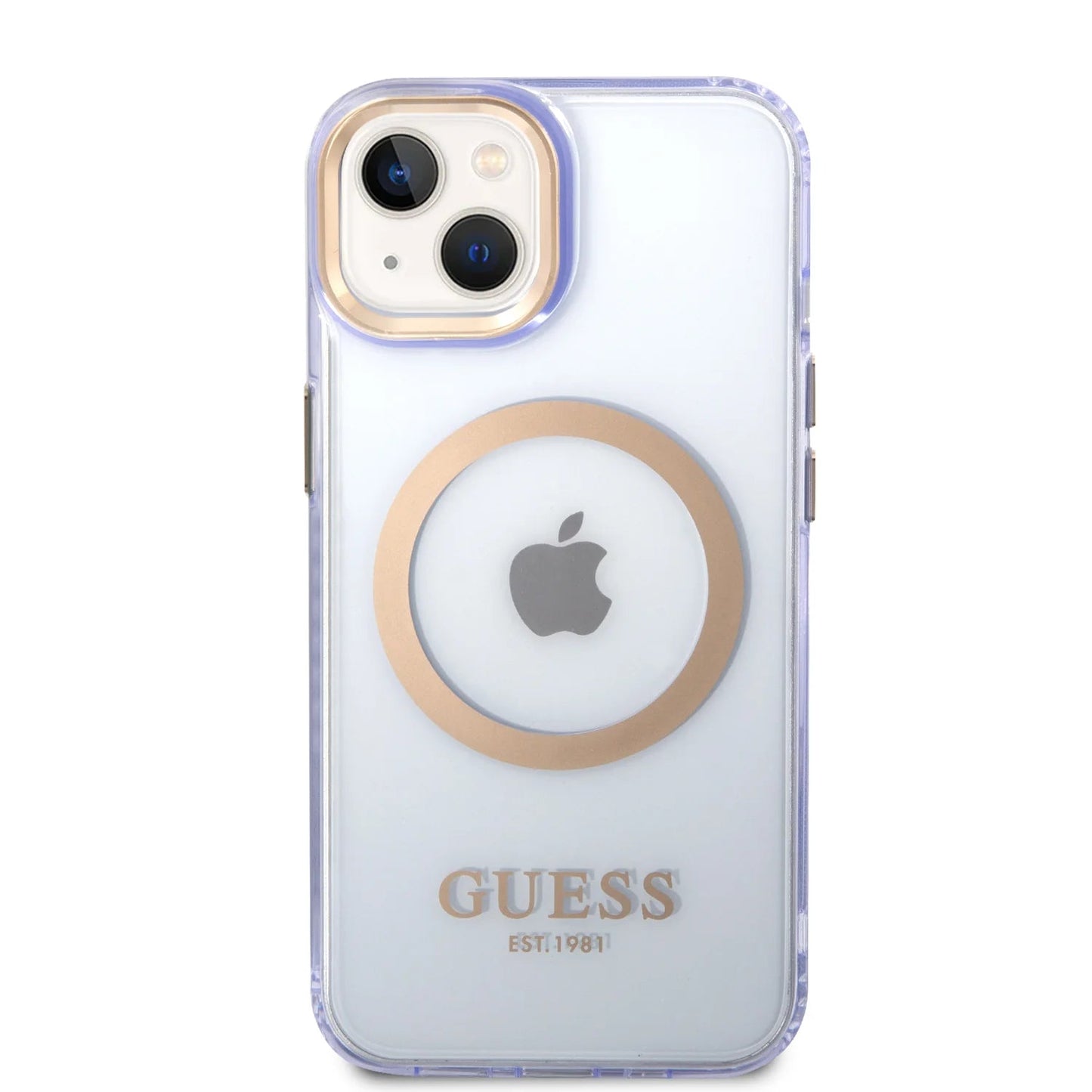 Guess Apple iPhone 14 Plus Magsafe Compatible Translucent Gold Outline & Logo - Purple