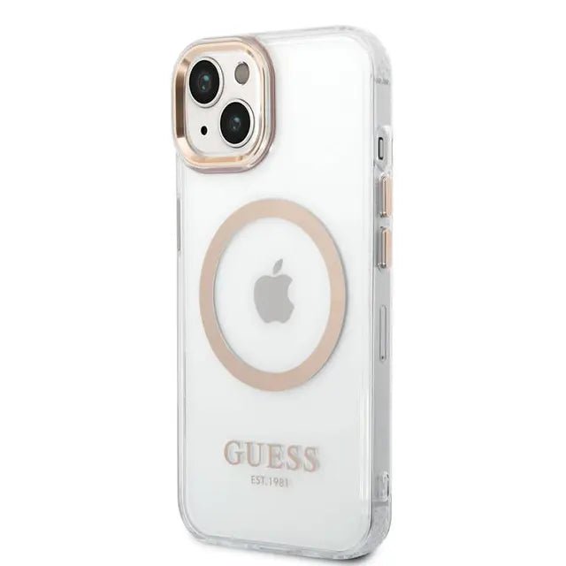 Guess Apple iPhone 14 Plus Magsafe Compatible Translucent Gold Outline & Logo - Transparent