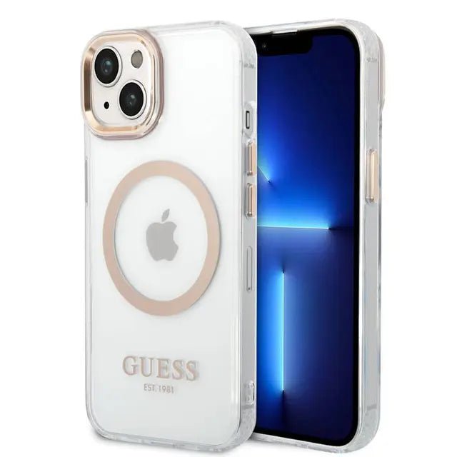 Guess Apple iPhone 14 Plus Magsafe Compatible Translucent Gold Outline & Logo - Transparent