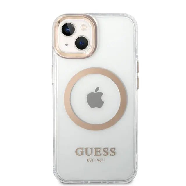 Guess Apple iPhone 14 Plus Magsafe Compatible Translucent Gold Outline & Logo - Transparent