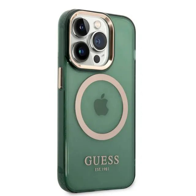 Guess Apple iPhone 14 Pro Magsafe Compatible Translucent Gold Outline & Logo - Green