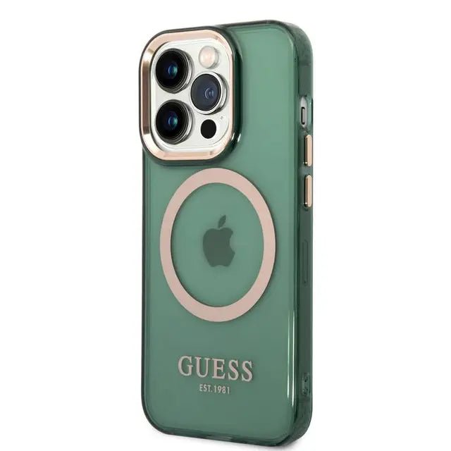 Guess Apple iPhone 14 Pro Magsafe Compatible Translucent Gold Outline & Logo - Green